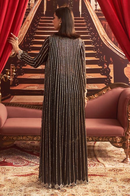 Seema Thukral_Black Satin, Georgette, Organza Naina Embellished Jacket Pre-draped Saree Set _Online_at_Aza_Fashions