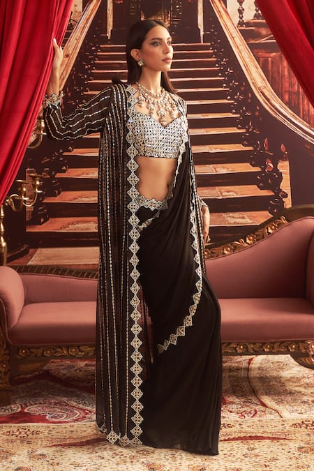Buy Seema Thukral Black Satin, Georgette, Organza Naina Embellished Jacket Pre-draped Saree Set Online at Aza Fashions Buy_Seema Thukral_Black Satin, Georgette, Organza Naina Embellished Jacket Pre-draped Saree Set _Online_at_Aza_Fashions