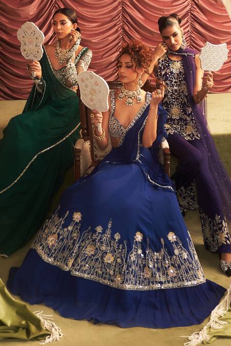 Buy_Seema Thukral_Blue Jalebi Bai Embellished Pre-draped Ruffle Lehenga Saree With Blouse _Online_at_Aza_Fashions