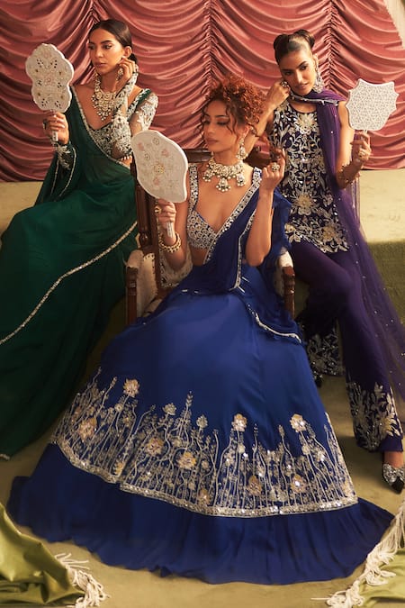 Buy_Seema Thukral_Emerald Green Organza, Anjali Geometric Embellished Border Saree With Blouse _Online_at_Aza_Fashions