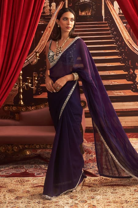 Seema Thukral Purple Georgette Embellished Desi Girl Mirrorwork Border Saree With Blouse 