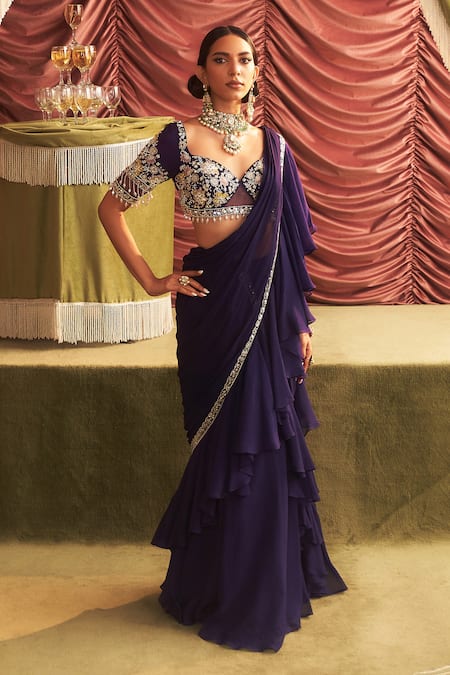 Seema Thukral Purple Georgette Embellished Pushpa Mirror Pre-draped Ruffle Saree With Blouse 