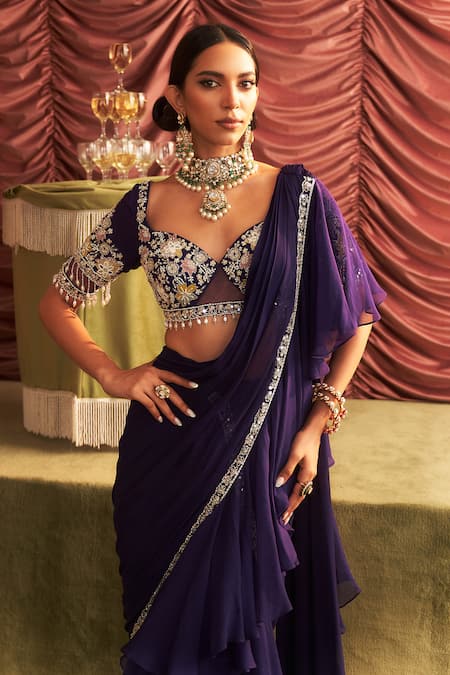 Seema Thukral_Purple Organza, Pushpa Mirror Embellished Pre-draped Ruffle Saree With Blouse _Online_at_Aza_Fashions