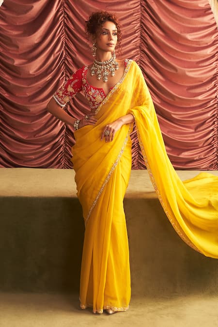 Seema Thukral Yellow Georgette Embellished Sequin Usha Bead Pre-draped Saree With Blouse 