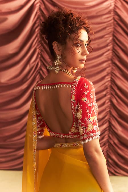Seema Thukral_Yellow Organza, Georgette, Satin, Lycra Beads, Mirrors, Embellished Saree _Online_at_Aza_Fashions