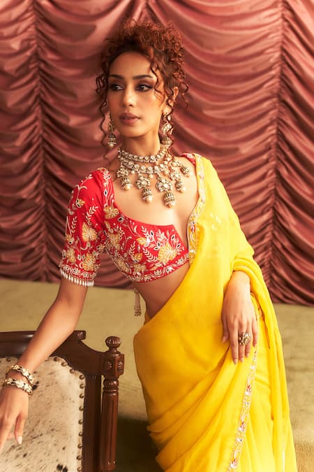 Buy Seema Thukral Yellow Organza, Georgette, Satin, Lycra Beads, Mirrors, Embellished Saree Online at Aza Fashions Buy_Seema Thukral_Yellow Organza, Georgette, Satin, Lycra Beads, Mirrors, Embellished Saree _Online_at_Aza_Fashions