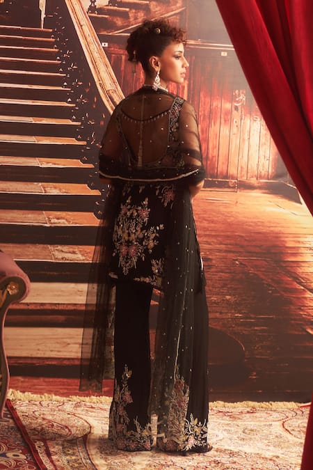 Seema Thukral_Black Net, Georgette, Satin Laila Floral Peplum Jacket Flared Pant Set _Online_at_Aza_Fashions