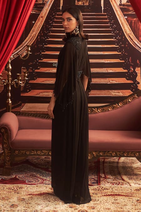 Shop_Seema Thukral_Black Georgette, Satin Embroidery V-neck Husan Bead Embellished Cape Jumpsuit _at_Aza_Fashions