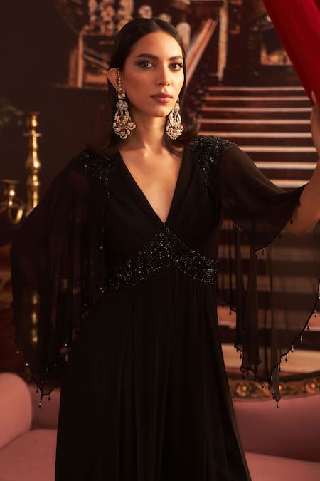 Seema Thukral Black Georgette, Satin Embroidery V-neck Husan Bead Embellished Cape Jumpsuit Online at Aza Fashions Seema Thukral_Black Georgette, Satin Embroidery V-neck Husan Bead Embellished Cape Jumpsuit _Online_at_Aza_Fashions