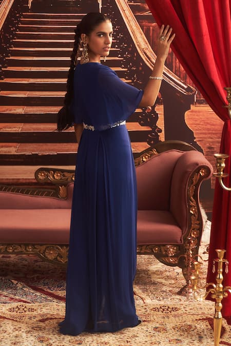 Shop_Seema Thukral_Blue Georgette, Satin Sequins, Beads V-neck Babli Embellished Draped Jumpsuit _at_Aza_Fashions