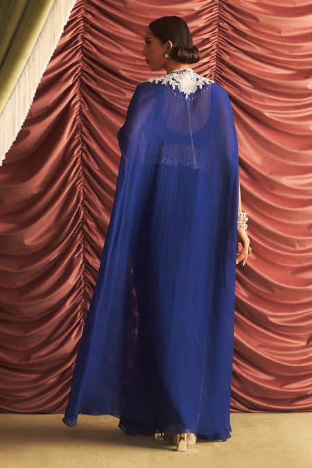 Shop_Seema Thukral_Blue Organza, Satin, Georgette Chikni Floral Applique Cape Draped Skirt Set _at_Aza_Fashions