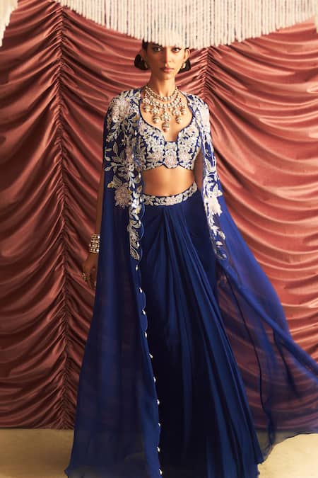 Seema Thukral Blue Organza, Satin, Georgette Chikni Floral Applique Cape Draped Skirt Set Online at Aza Fashions Seema Thukral_Blue Organza, Satin, Georgette Chikni Floral Applique Cape Draped Skirt Set _Online_at_Aza_Fashions