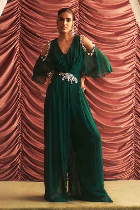 Seema Thukral Emerald Green Georgette Embellished Bead Sheetal Applique Draped Jumpsuit 