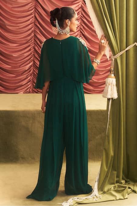 Shop_Seema Thukral_Emerald Green Georgette, Satin Sequins, Sheetal Embellished Draped Jumpsuit _at_Aza_Fashions