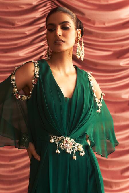 Seema Thukral Emerald Green Georgette, Satin Sequins, Sheetal Embellished Draped Jumpsuit Online at Aza Fashions Seema Thukral_Emerald Green Georgette, Satin Sequins, Sheetal Embellished Draped Jumpsuit _Online_at_Aza_Fashions