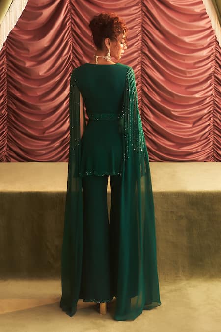 Shop_Seema Thukral_Emerald Green Seema Floral Embellished Peplum Kurta With Slit Flared Pant _at_Aza_Fashions