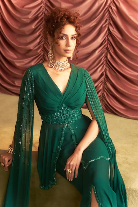 Seema Thukral Emerald Green Seema Floral Embellished Peplum Kurta With Slit Flared Pant Online at Aza Fashions Seema Thukral_Emerald Green Seema Floral Embellished Peplum Kurta With Slit Flared Pant _Online_at_Aza_Fashions