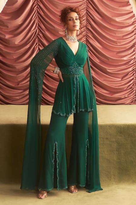 Buy_Seema Thukral_Emerald Green Seema Floral Embellished Peplum Kurta With Slit Flared Pant _Online_at_Aza_Fashions