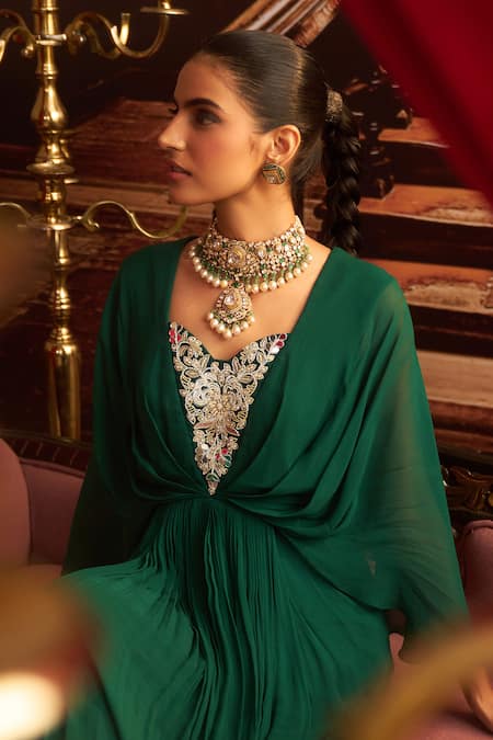 Seema Thukral Emerald Green Georgette, Satin Sapna Cutdana Yoke Embellished Draped Dress Online at Aza Fashions Seema Thukral_Emerald Green Georgette, Satin Sapna Cutdana Yoke Embellished Draped Dress _Online_at_Aza_Fashions