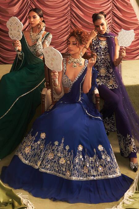 Buy_Seema Thukral_Purple Organza, Georgette, Net Sequins, Haseena Floral Embellished Kurta Set _Online_at_Aza_Fashions