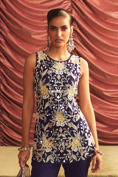 Seema Thukral_Purple Organza, Georgette, Net Sequins, Haseena Floral Embellished Kurta Set _at_Aza_Fashions