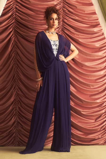 Seema Thukral Purple Georgette Embroidery Thread Blunt V Neck Rupa Floral Yoke Jumpsuit 