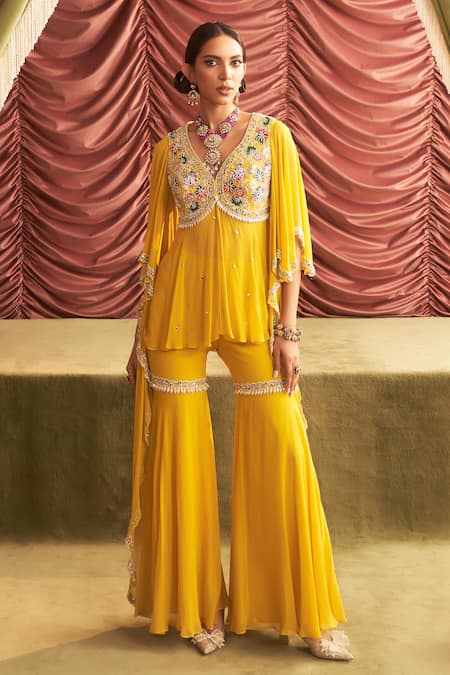 Seema Thukral Yellow Georgette Embroidery Thread Leaf Jyoti Floral Peplum Kurta And Gharara Set 