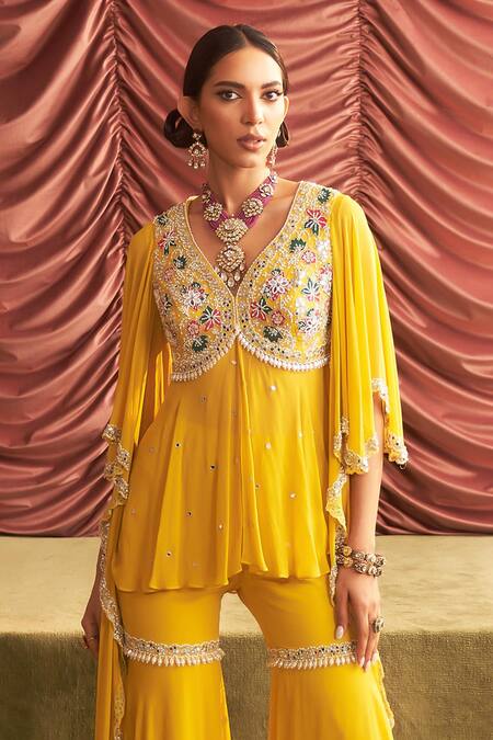 Seema Thukral Yellow Georgette, Satin Mirrors, Jyoti Floral Peplum Kurta And Gharara Set Online at Aza Fashions Seema Thukral_Yellow Georgette, Satin Mirrors, Jyoti Floral Peplum Kurta And Gharara Set _Online_at_Aza_Fashions