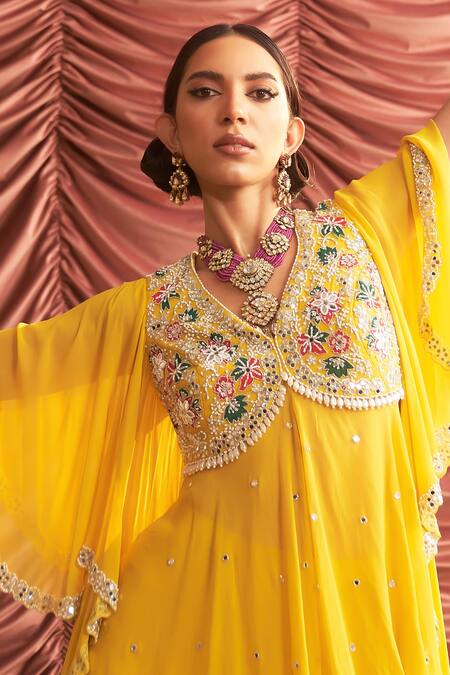 Shop Seema Thukral Yellow Georgette, Satin Mirrors, Jyoti Floral Peplum Kurta And Gharara Set Online at Aza Fashions Shop_Seema Thukral_Yellow Georgette, Satin Mirrors, Jyoti Floral Peplum Kurta And Gharara Set _Online_at_Aza_Fashions