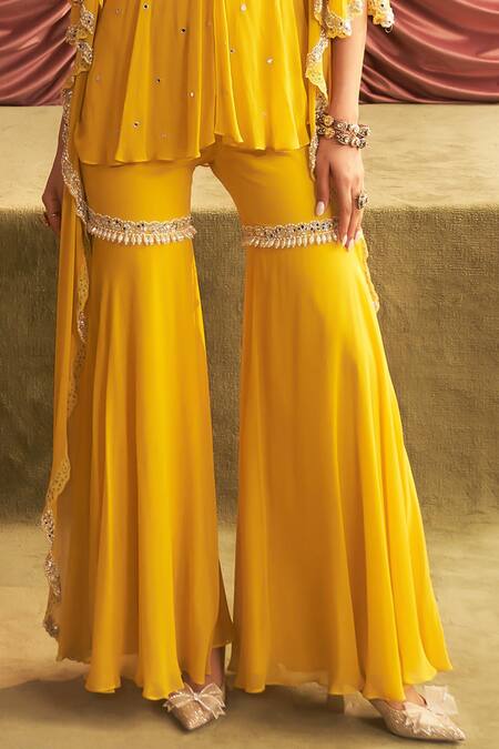 Buy Seema Thukral Yellow Georgette, Satin Mirrors, Jyoti Floral Peplum Kurta And Gharara Set Buy_Seema Thukral_Yellow Georgette, Satin Mirrors, Jyoti Floral Peplum Kurta And Gharara Set