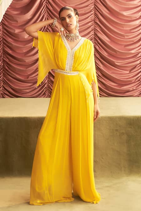 Seema Thukral Yellow Georgette Embroidery Bead V Neck Manju Placket Jumpsuit 