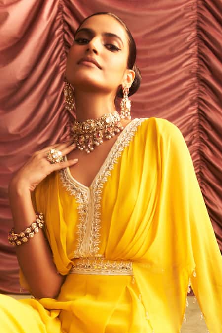 Seema Thukral Yellow Georgette, Satin Beads, Embroidery V-neck Manju Placket Jumpsuit Online at Aza Fashions Seema Thukral_Yellow Georgette, Satin Beads, Embroidery V-neck Manju Placket Jumpsuit _Online_at_Aza_Fashions