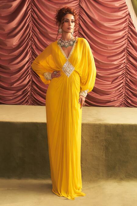 Seema Thukral Yellow Georgette, Satin Beads, Mirrors, Cut Kavita Embroidered Draped Dress Online at Aza Fashions Seema Thukral_Yellow Georgette, Satin Beads, Mirrors, Cut Kavita Embroidered Draped Dress _Online_at_Aza_Fashions