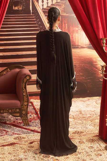 Shop_Seema Thukral_Black Chiffon, Satin Crystals Veronica Bead Placket Embroidered Draped Kaftan _at_Aza_Fashions