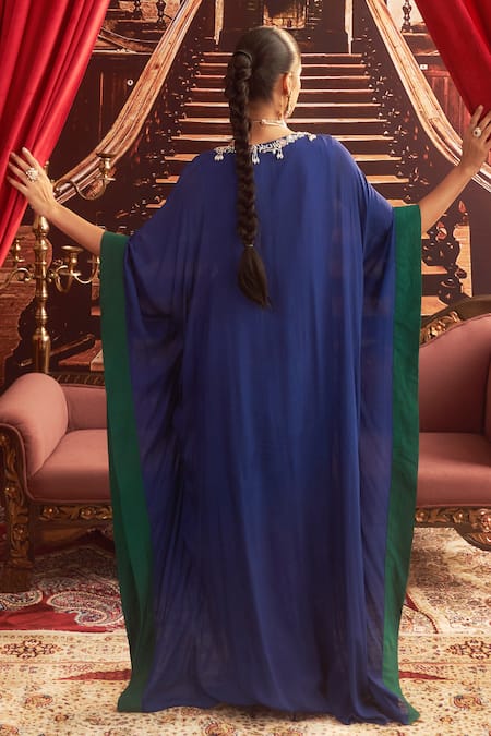 Shop_Seema Thukral_Blue Chiffon, Satin Embroidery V-neck Mohini Mirror Placement Kaftan _at_Aza_Fashions