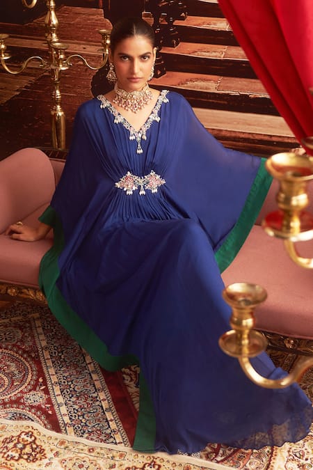 Seema Thukral Blue Chiffon, Satin Embroidery V-neck Mohini Mirror Placement Kaftan Online at Aza Fashions Seema Thukral_Blue Chiffon, Satin Embroidery V-neck Mohini Mirror Placement Kaftan _Online_at_Aza_Fashions