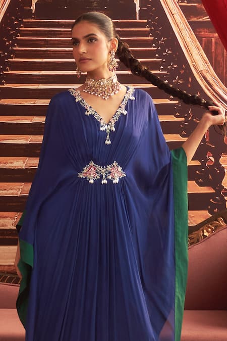 Buy Seema Thukral Blue Chiffon, Satin Embroidery V-neck Mohini Mirror Placement Kaftan Online at Aza Fashions Buy_Seema Thukral_Blue Chiffon, Satin Embroidery V-neck Mohini Mirror Placement Kaftan _Online_at_Aza_Fashions