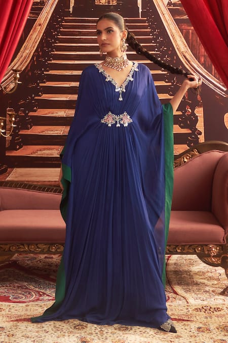 Shop_Seema Thukral_Blue Chiffon, Satin Embroidery V-neck Mohini Mirror Placement Kaftan _Online_at_Aza_Fashions