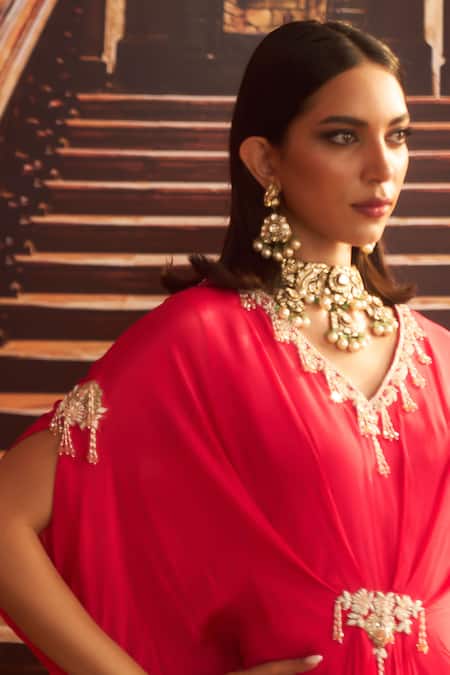 Seema Thukral_Pink Chiffon, Satin Beads, Cut Work Soni Tassel Embroidered Draped Kaftan _Online_at_Aza_Fashions