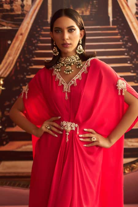 Buy_Seema Thukral_Pink Chiffon, Satin Beads, Cut Work Soni Tassel Embroidered Draped Kaftan _Online_at_Aza_Fashions