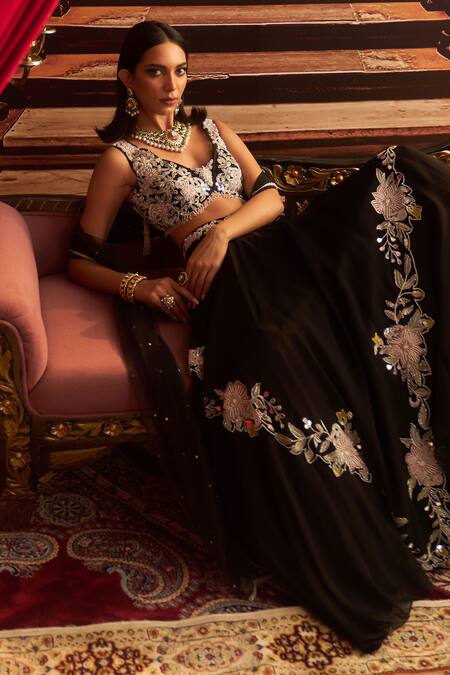 Buy_Seema Thukral_Black Organza, Net, Georgette, Satin Beads, Malaika Floral Placement Skirt Set _Online_at_Aza_Fashions