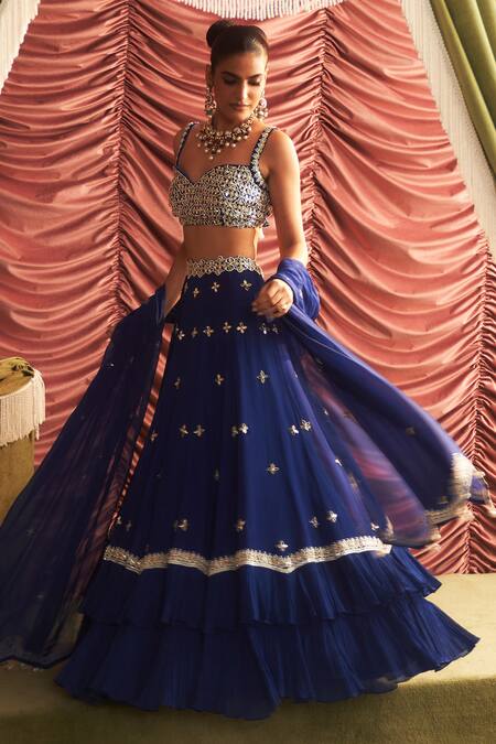Shop_Seema Thukral_Blue Organza, Chiffon, Satin, Georgette Beads, Mirrors, Chameli Lehenga Set _Online_at_Aza_Fashions