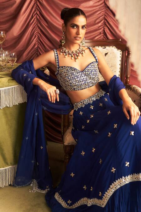 Seema Thukral_Blue Organza, Chiffon, Satin, Georgette Beads, Mirrors, Chameli Lehenga Set _at_Aza_Fashions