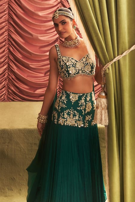 Buy Seema Thukral Emerald Green Chiffon, Sonal Floral Waistband Pleated Lehenga And Blouse Set Online at Aza Fashions Buy_Seema Thukral_Emerald Green Chiffon, Sonal Floral Waistband Pleated Lehenga And Blouse Set _Online_at_Aza_Fashions