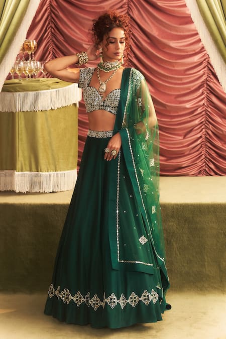 Seema Thukral Emerald Green Georgette Embroidery Mirror Simran Placement Lehenga Set 