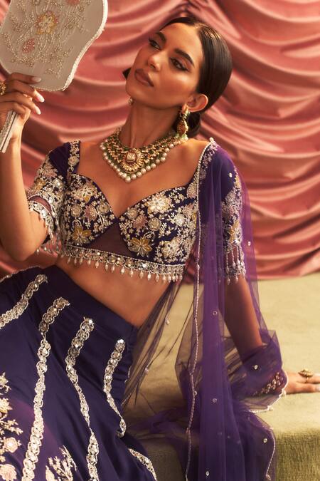 Seema Thukral_Purple Net, Chiffon, Georgette, Satin Beads, Rani Floral Stripe Lehenga Set _Online_at_Aza_Fashions