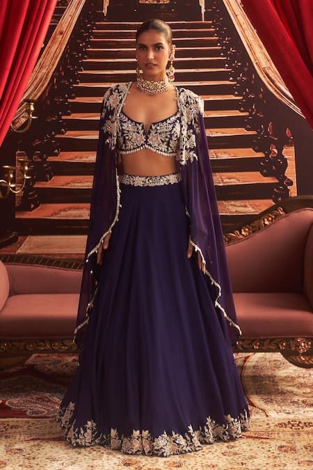 Buy_Seema Thukral_Purple Organza, Georgette, Satin Cut Guddi Floral Border Embroidered Lehenga Set _Online_at_Aza_Fashions