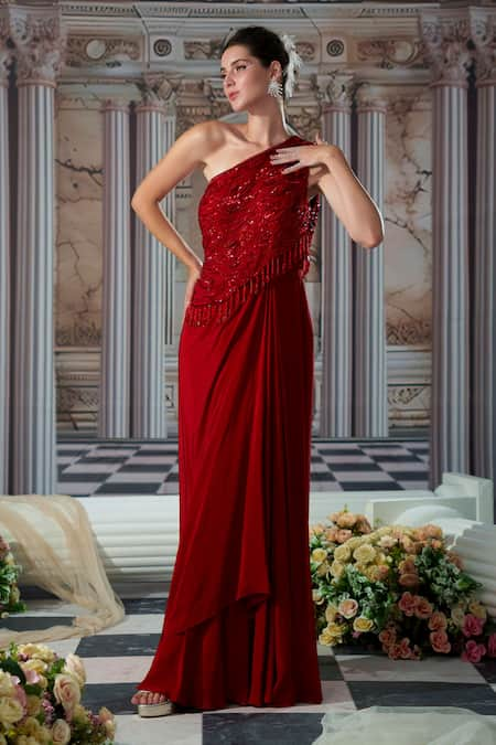 Nidhika Shekhar Red Crepe Embroidery Sequins Asymmetric Neck Divine Draped Gown 