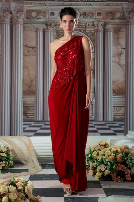 Nidhika Shekhar_Red Organza, Crepe, Linen Sequins Asymmetric Divine Embroidered Draped Gown _Online_at_Aza_Fashions