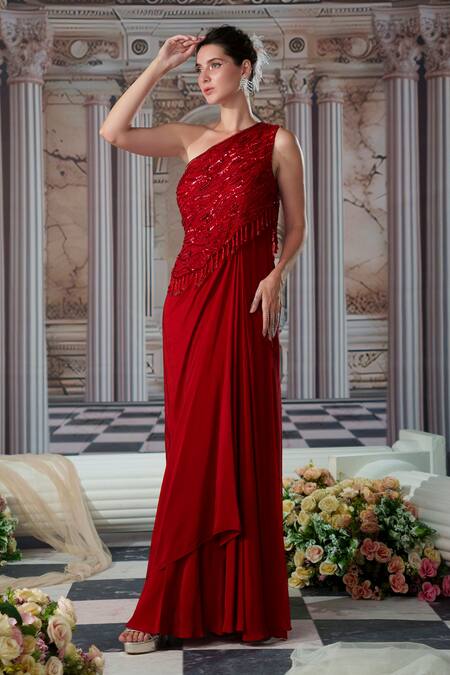 Buy_Nidhika Shekhar_Red Organza, Crepe, Linen Sequins Asymmetric Divine Embroidered Draped Gown _Online_at_Aza_Fashions